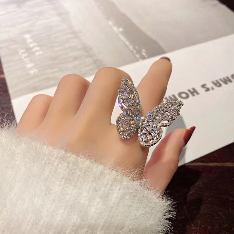 Hollow Butterfly Open Index Finger Zircon Women Rings,  Light Luxury Ins Hipster Custom Women Rings metal Trendy Pave Setting