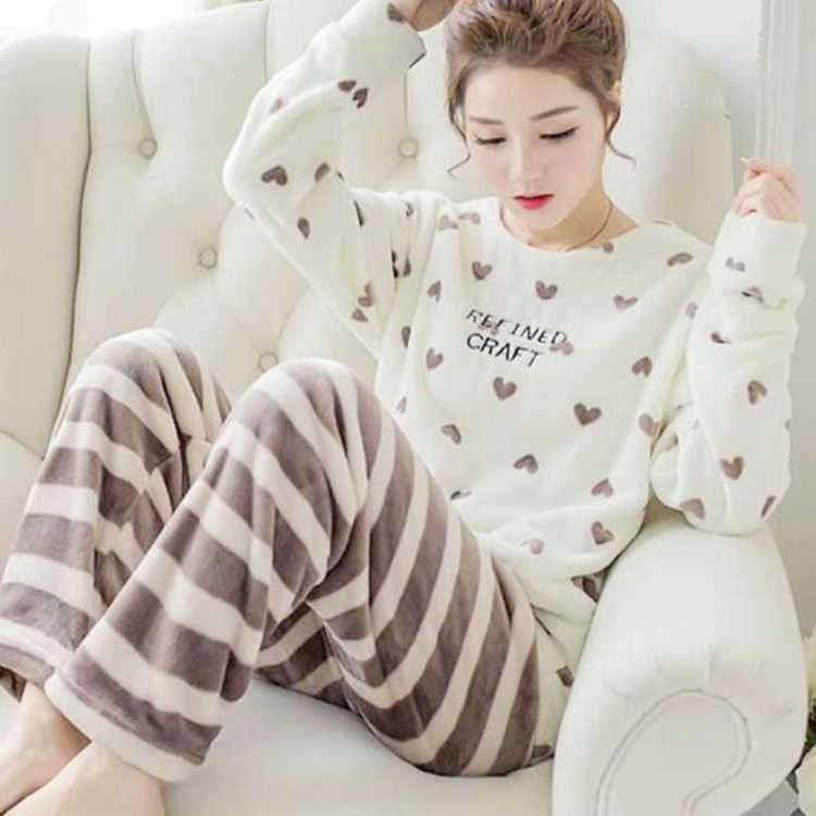 Winter Flannel Pajamas Women Set Cartoon Printed Coral Thick Warm Fleece Women's Sleepwear