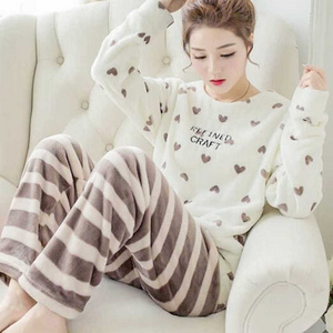 Winter Flannel Pajamas Women Set Cartoon Printed Coral Thick Warm Fleece Women's Sleepwear