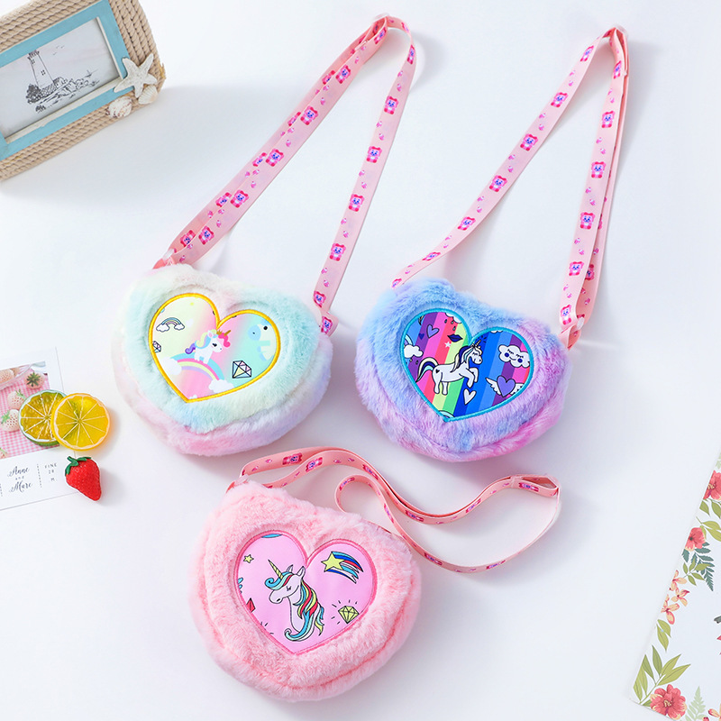 Valentine Little Girls Winter Lovely Unicorn Heart Shaped Plush Purses Sling Bag Kids Cute Cross body Cartoon Shoulder Bag