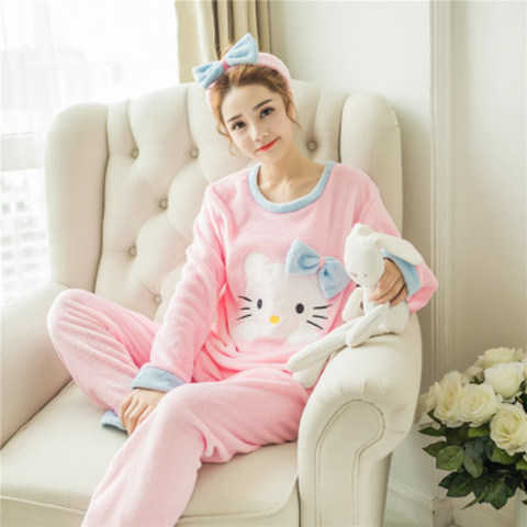 Winter Flannel Pajamas Women Set Cartoon Printed Coral Thick Warm Fleece Women's Sleepwear