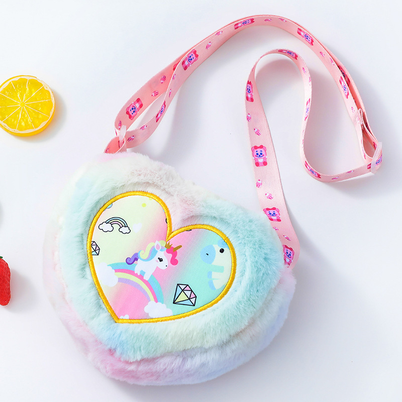 Valentine Little Girls Winter Lovely Unicorn Heart Shaped Plush Purses Sling Bag Kids Cute Cross body Cartoon Shoulder Bag