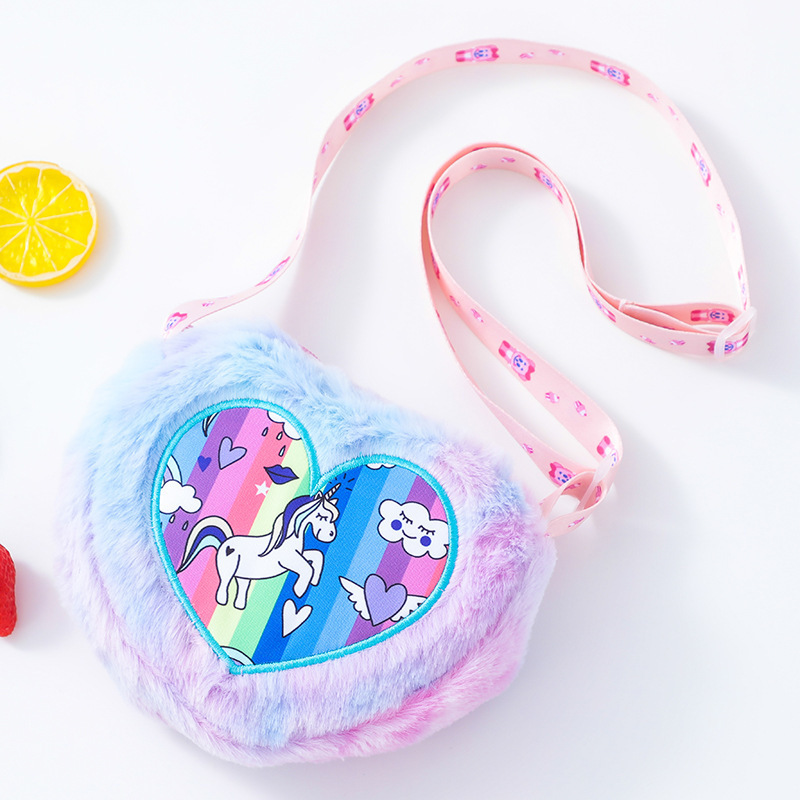 Valentine Little Girls Winter Lovely Unicorn Heart Shaped Plush Purses Sling Bag Kids Cute Cross body Cartoon Shoulder Bag