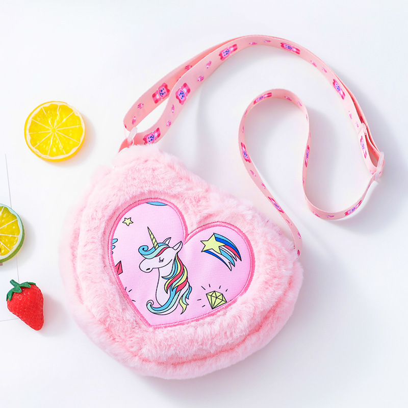 Valentine Little Girls Winter Lovely Unicorn Heart Shaped Plush Purses Sling Bag Kids Cute Cross body Cartoon Shoulder Bag