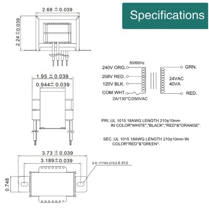 Control Transformer 40VA, Primary 120, 208, 240V Secondary 24V, HVAC Furnace Multi Tap