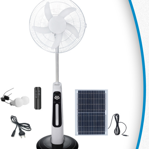 16 Inch Floor Stand Air Cooler 5 Baldes Fan Timer Remote Control Solar Panel Battery Rechargeable China Factory Wholesale Price