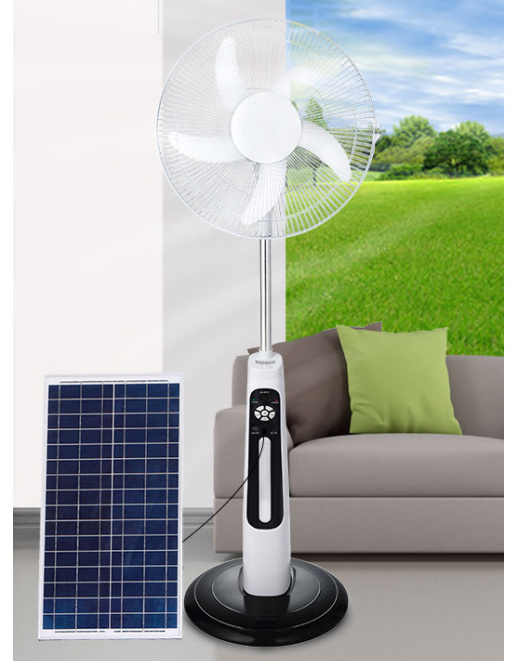 16 Inch Floor Stand Air Cooler 5 Baldes Fan Timer Remote Control Solar Panel Battery Rechargeable China Factory Wholesale Price