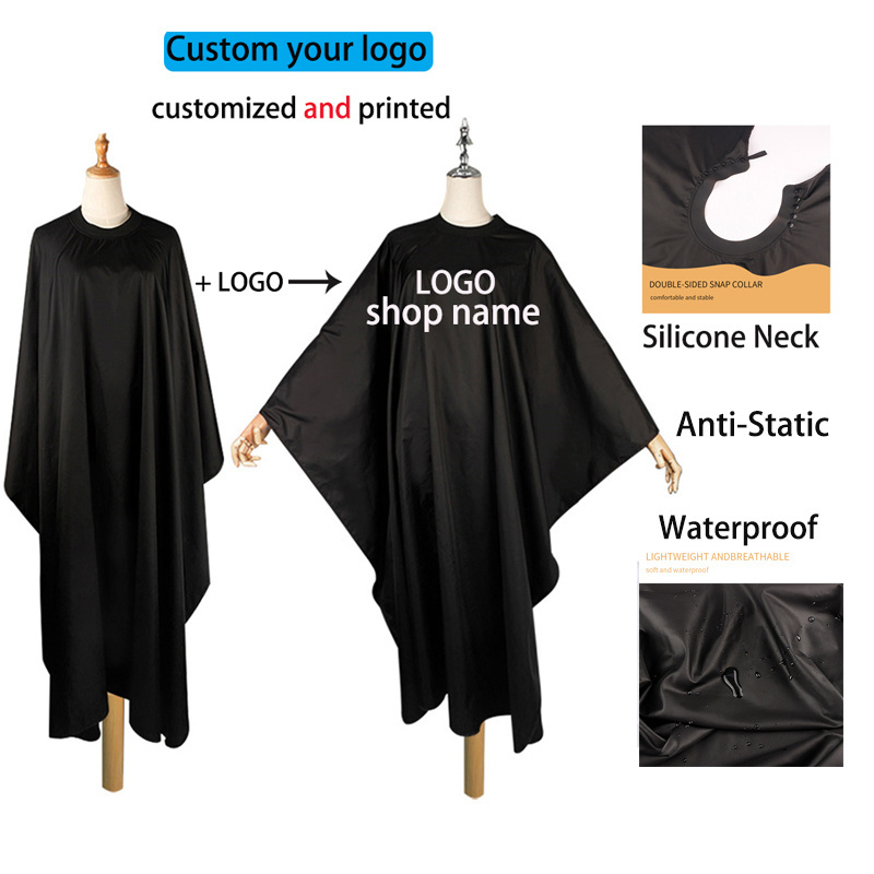 Newest Custom Logo Black Waterproof Designed Barber Silicone Neckline Adjustable Closure Hairdressing Salon Polyester Cape