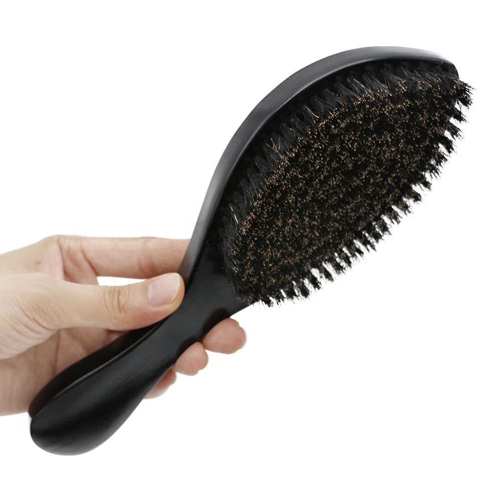 Luxurious Black Glossy Curve Wooden Handle Beard Brush Medium Soft Hard Hair 360 Wave Brush with 100% Boar Bristle