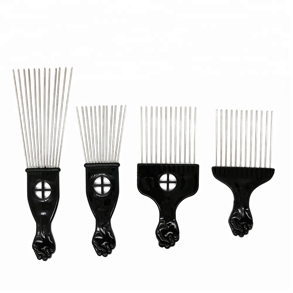 Popular Afro Combs Plastic Black Fist Metal Hair Fork Comb Stainless Steel Pins Hair Pick Comb