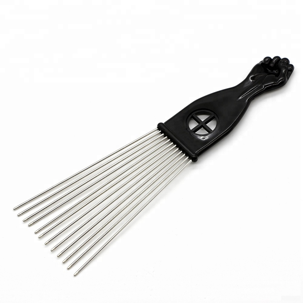 Popular Afro Combs Plastic Black Fist Metal Hair Fork Comb Stainless Steel Pins Hair Pick Comb