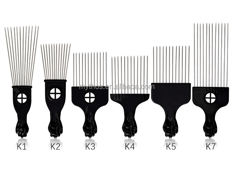 Popular Afro Combs Plastic Black Fist Metal Hair Fork Comb Stainless Steel Pins Hair Pick Comb