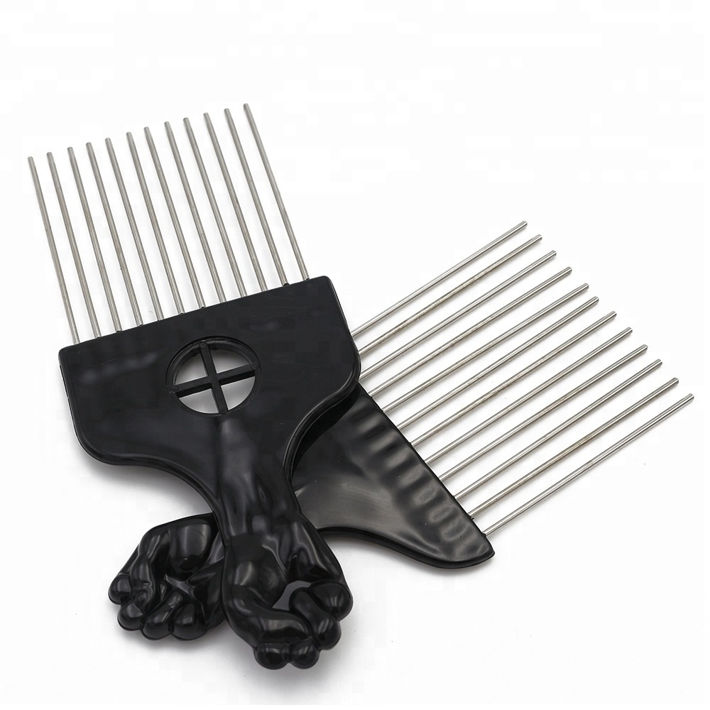 Popular Afro Combs Plastic Black Fist Metal Hair Fork Comb Stainless Steel Pins Hair Pick Comb