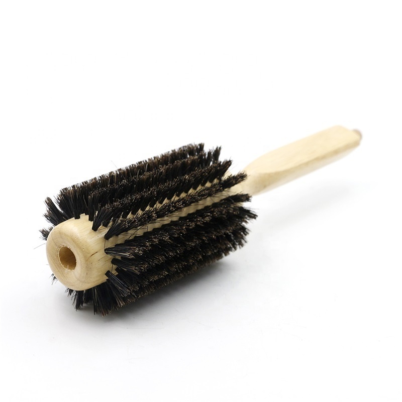 Natural Boar Bristle Wood Round Barrel Heat Resistance Hair Brush Detangling Salon Barber Pin Styling Comb