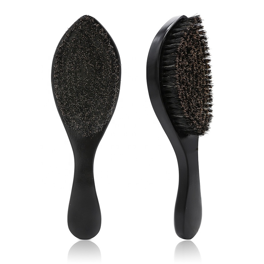 Luxurious Black Glossy Curve Wooden Handle Beard Brush Medium Soft Hard Hair 360 Wave Brush with 100% Boar Bristle