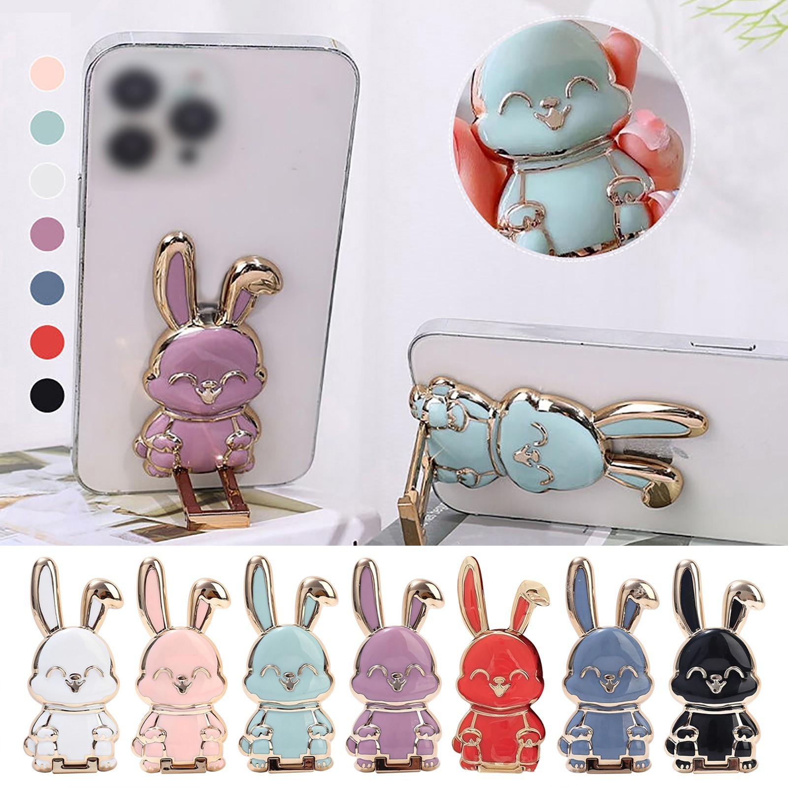 Universal Finger Ring Phone Holder Desktop Ultra-thin Cartoon Rabbit Phone Stand Foldable Buckle Adhesive Pull Rod Support Frame