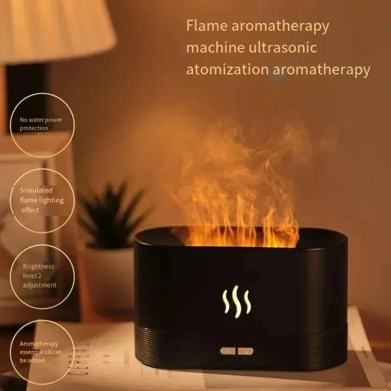 Portable LED light Ultrasonic Flame air Humidifier Essential Oil Aroma Diffuser 180ml with Natural Essential Rose Lemon Oil