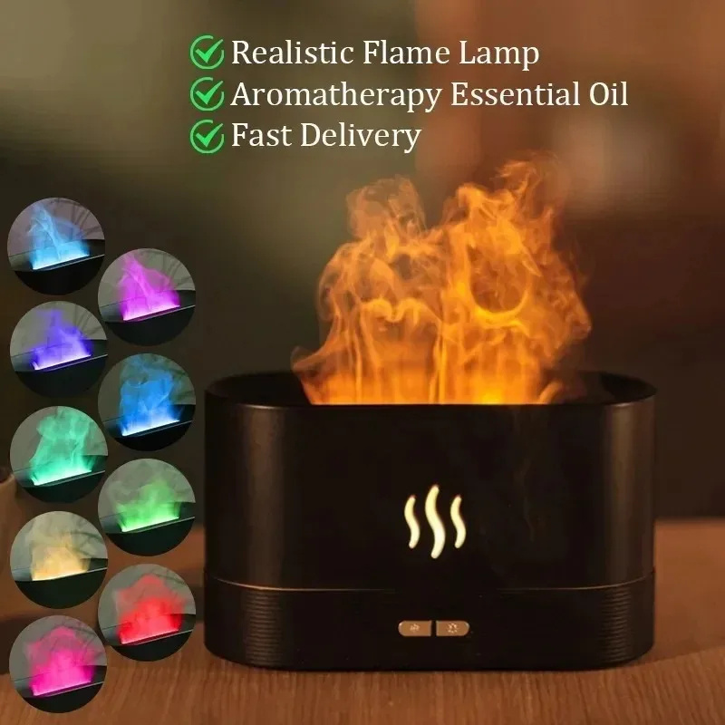 Portable LED light Ultrasonic Flame air Humidifier Essential Oil Aroma Diffuser 180ml with Natural Essential Rose Lemon Oil