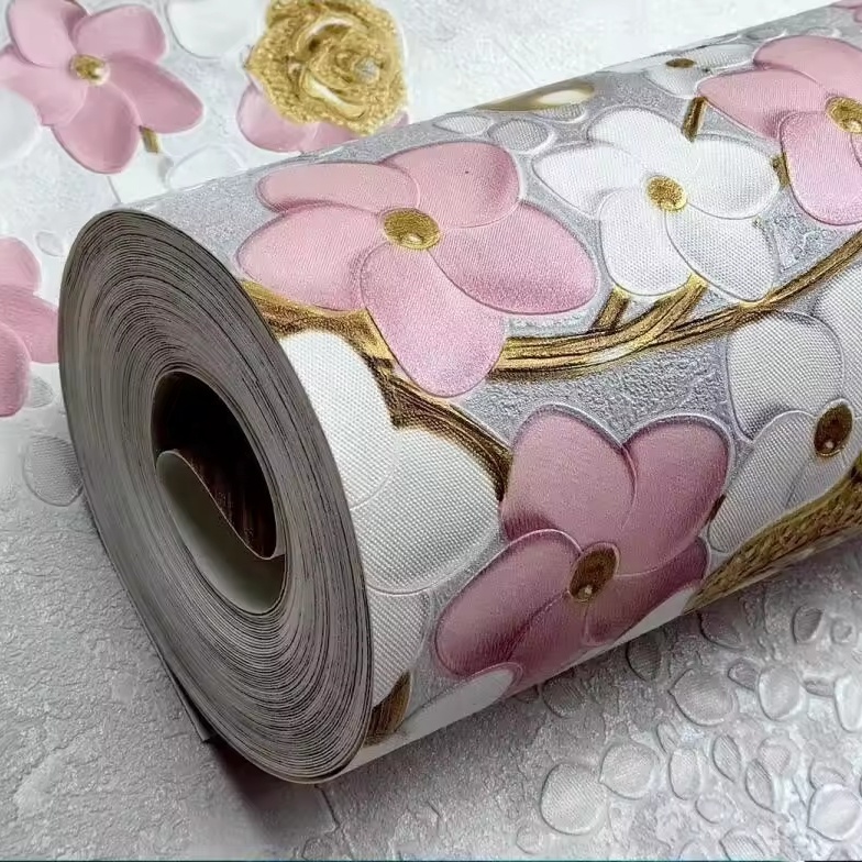 MyWow hot selling Waterproof Good Quality Natural Little Pink Flower Golden Leaves PVC Wallpaper For Home Decor