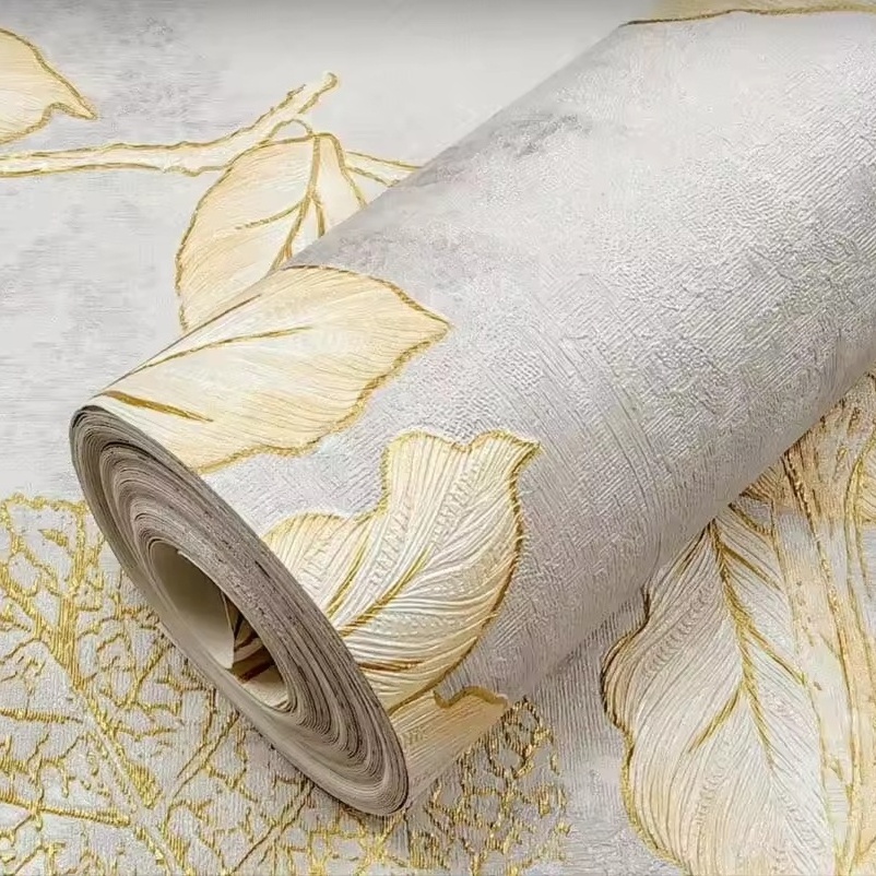 MyWow hot selling Waterproof Good Quality Natural Little Pink Flower Golden Leaves PVC Wallpaper For Home Decor