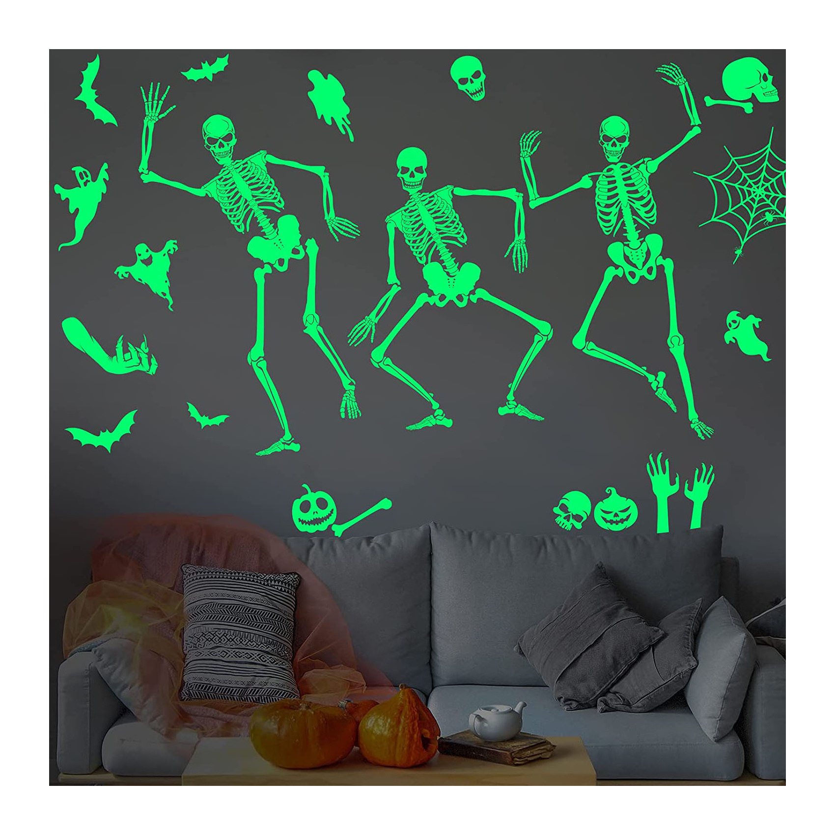 Myway 6Sheets Happy Ghosts Halloween Skeleton Removable Vinyl Glow in The Dark Window Sticker Luminous Wall Stickers Decals