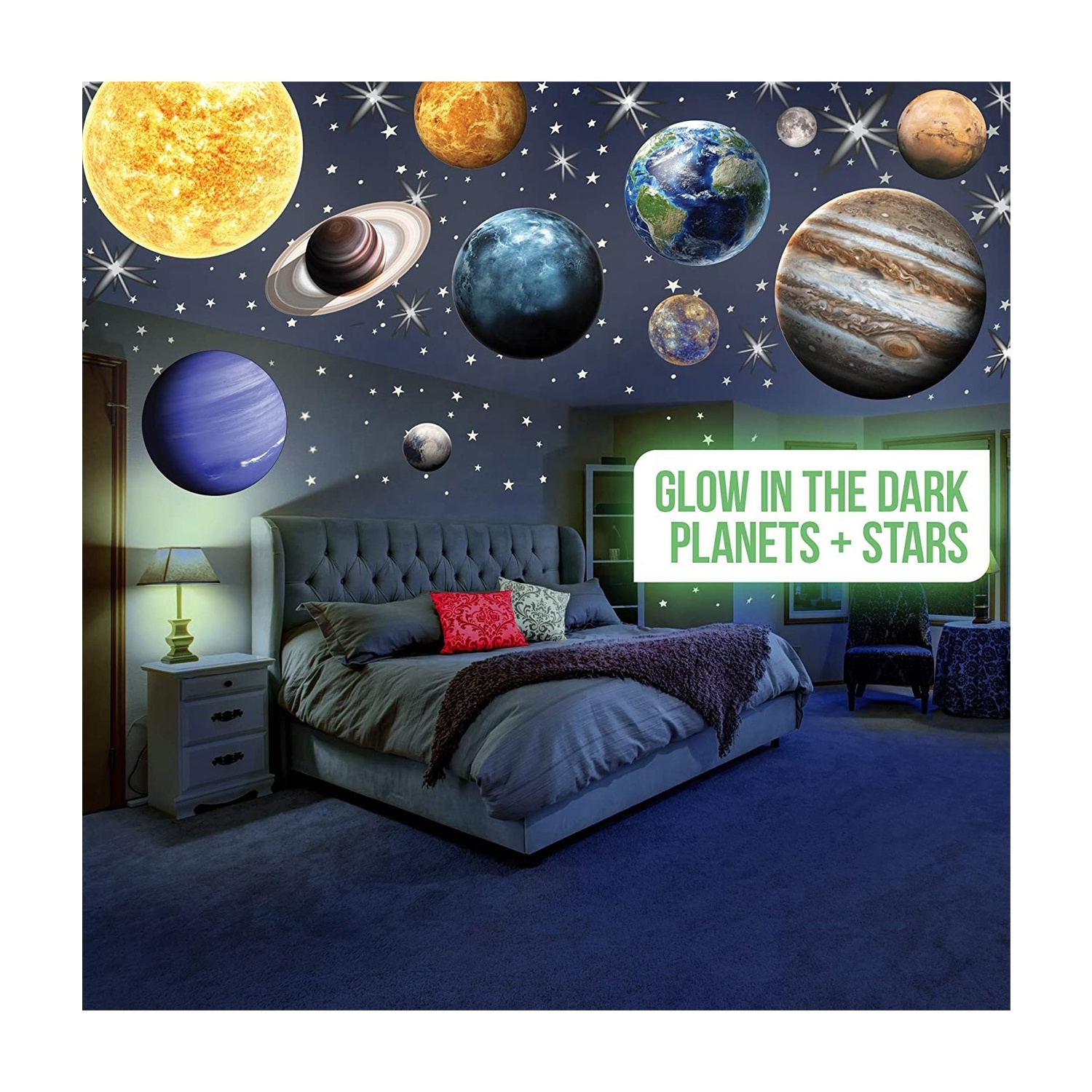 Glow in The Dark Planets Stickers Sun Earth Mars Glowing Ceiling Decals for Bedroom Room Vinyl Wall Stickers 3D for Kids