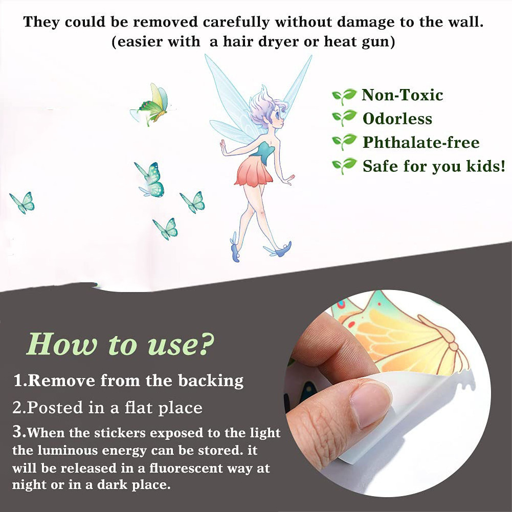 Myway Custom Dreamlike Butterfly Flower Fairy Luminous PVC Glow in The Dark Sticker Decoration Wall Stickers for Kids Rooms