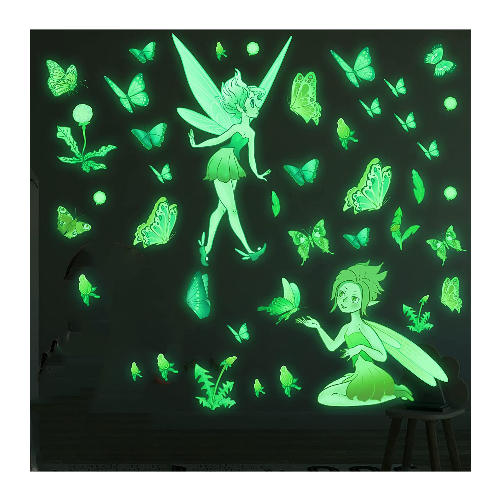 Myway Custom Dreamlike Butterfly Flower Fairy Luminous PVC Glow in The Dark Sticker Decoration Wall Stickers for Kids Rooms