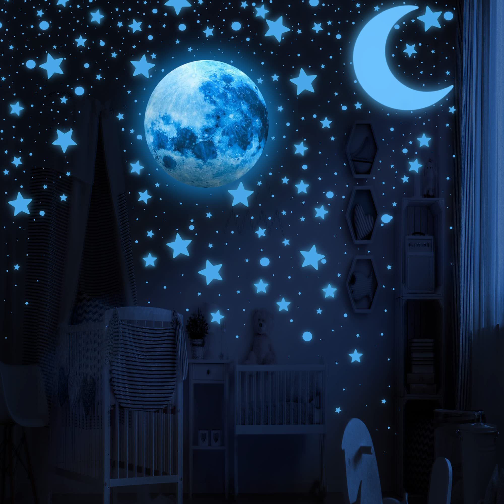 Kids bedroom decoration custom glow in the dark stars circles 3d wall stickers with Crescent Moon Realistic Moon