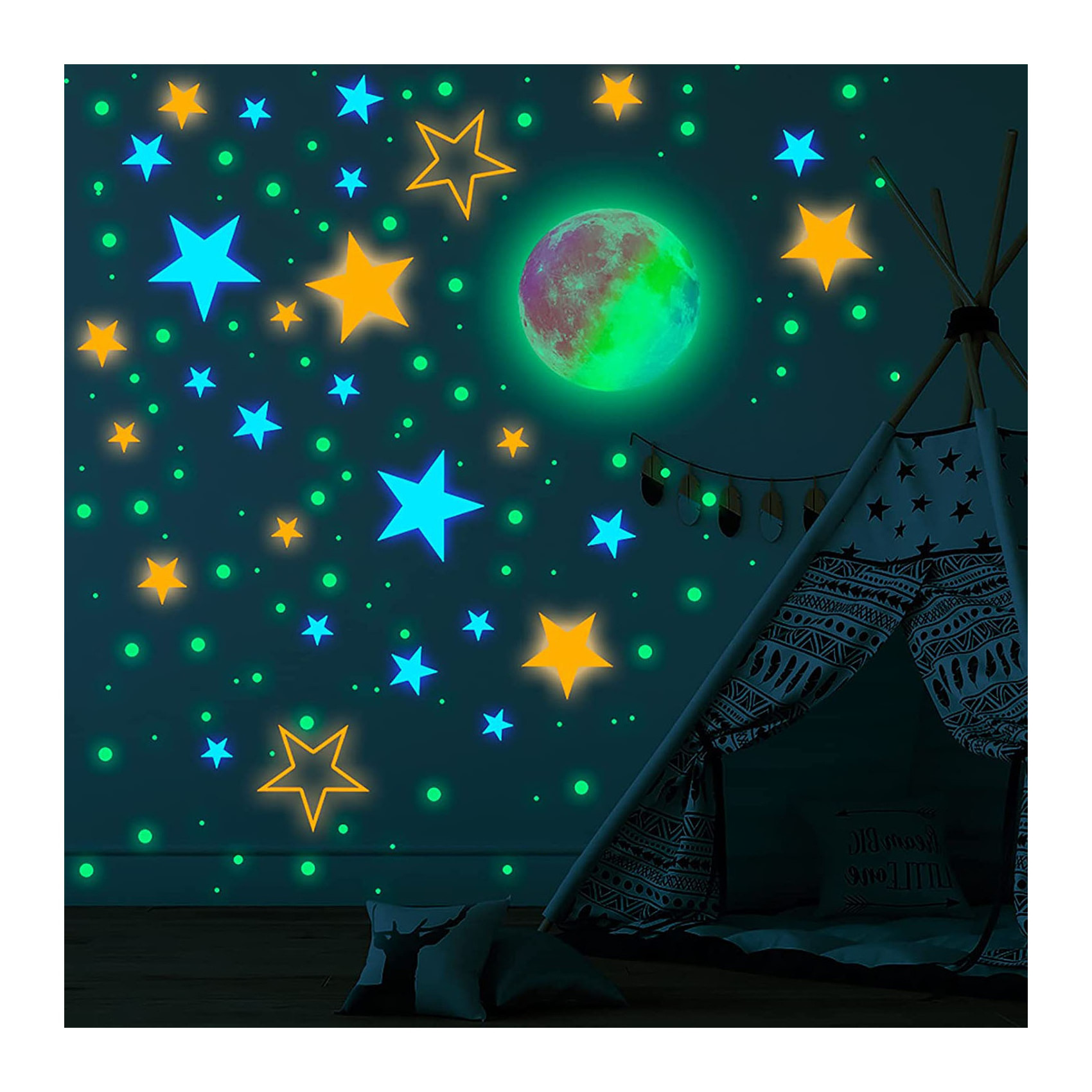 Myway 444Pcs Glow in The Dark Moon Decals Home Decoration Stars Shining Decoration Glowing Ceiling Wall Stickers