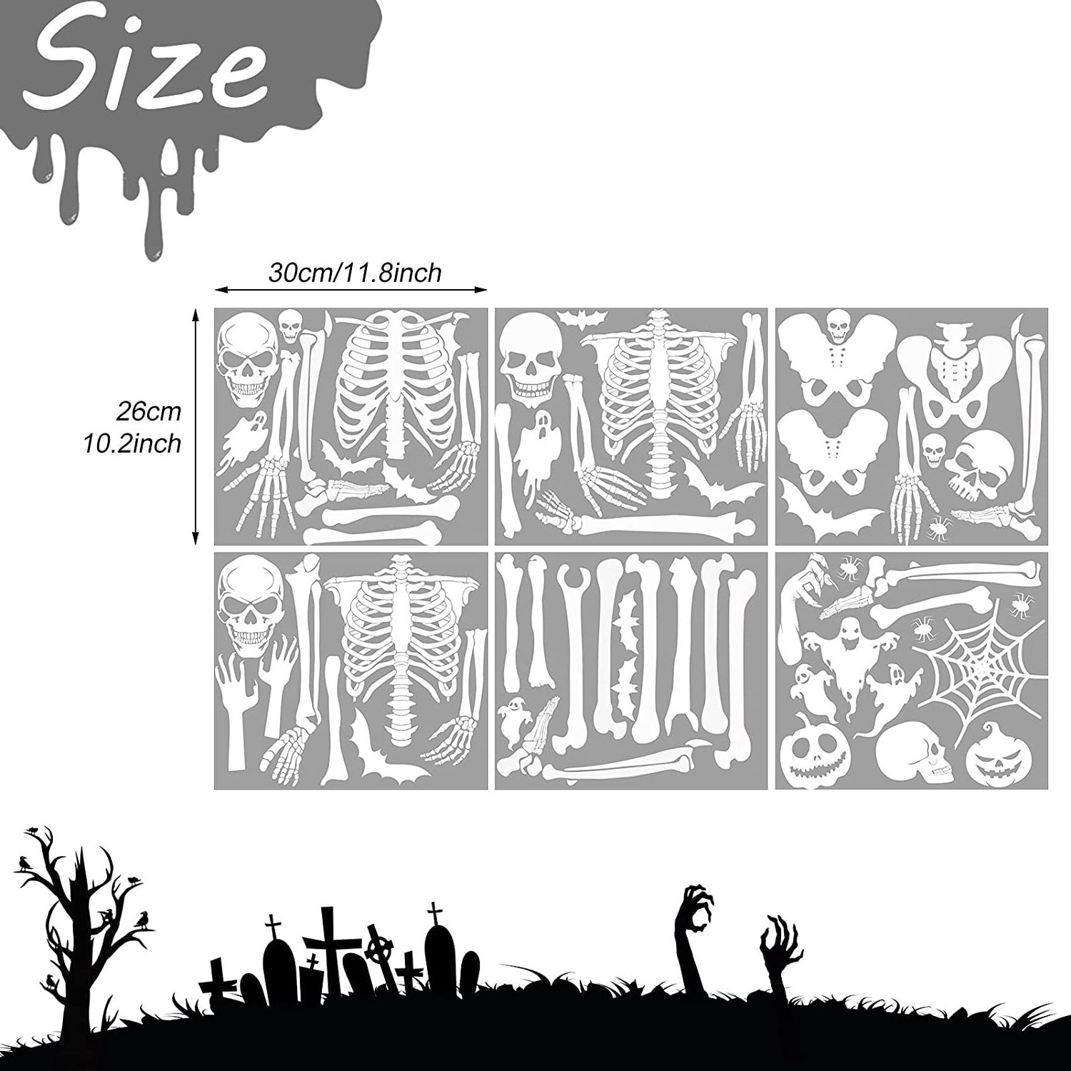 Myway 6Sheets Happy Ghosts Halloween Skeleton Removable Vinyl Glow in The Dark Window Sticker Luminous Wall Stickers Decals