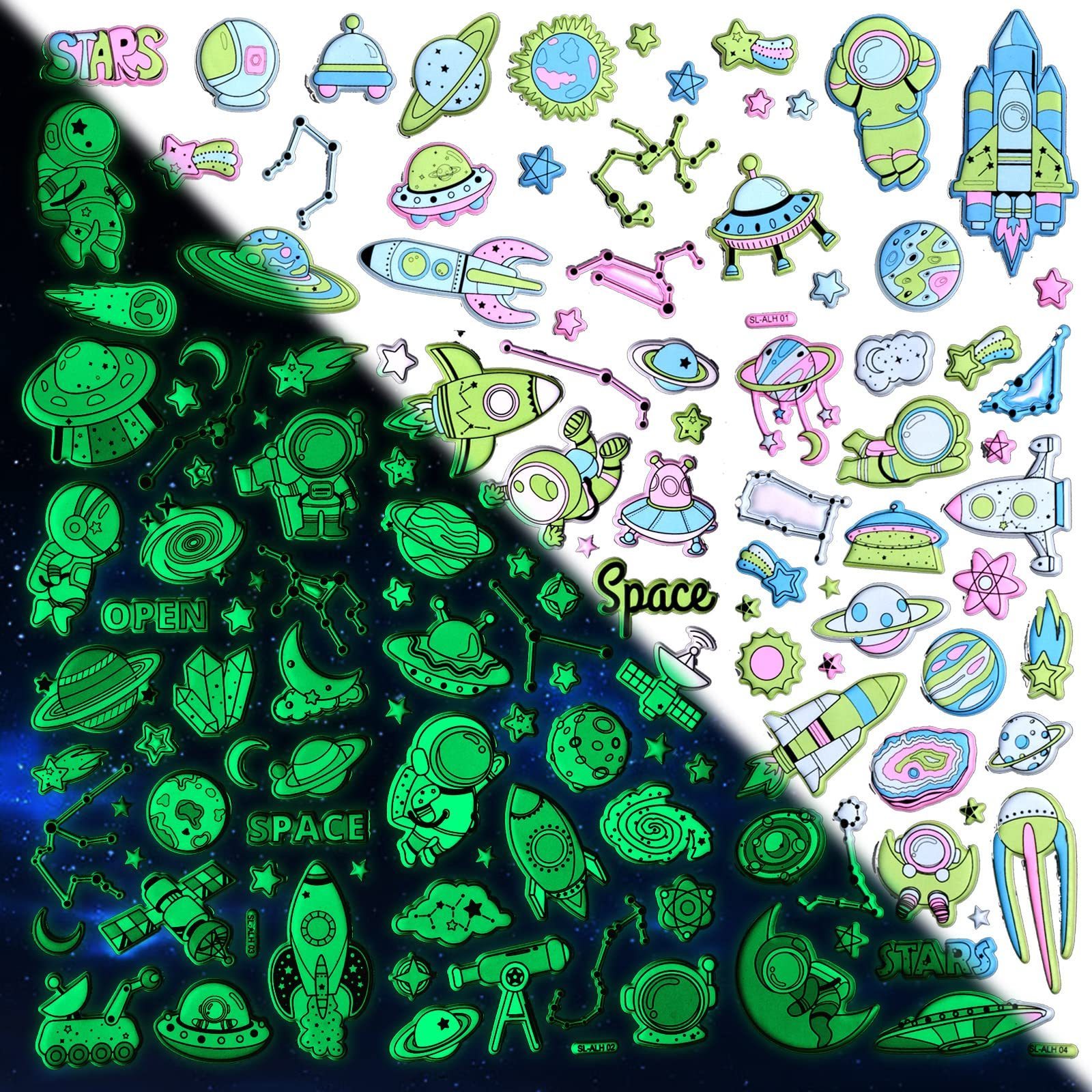 3d Cute space themed pegatinas de dibujos animados pegatinas decorativas glow in the dark puffy stickers sheet