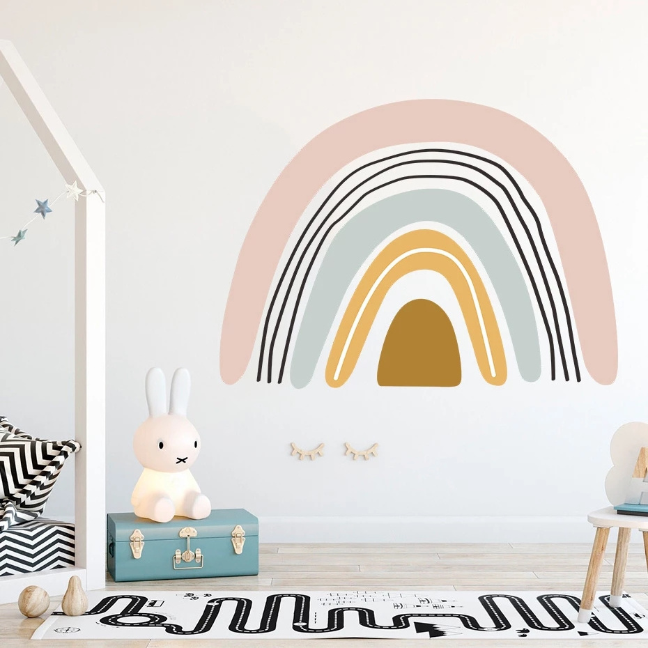 Custom Trendy Pink Rainbow Removable PVC Vinyl Wall Mural Decal Nursery Art Stickers Wallpaper for Baby Bedroom