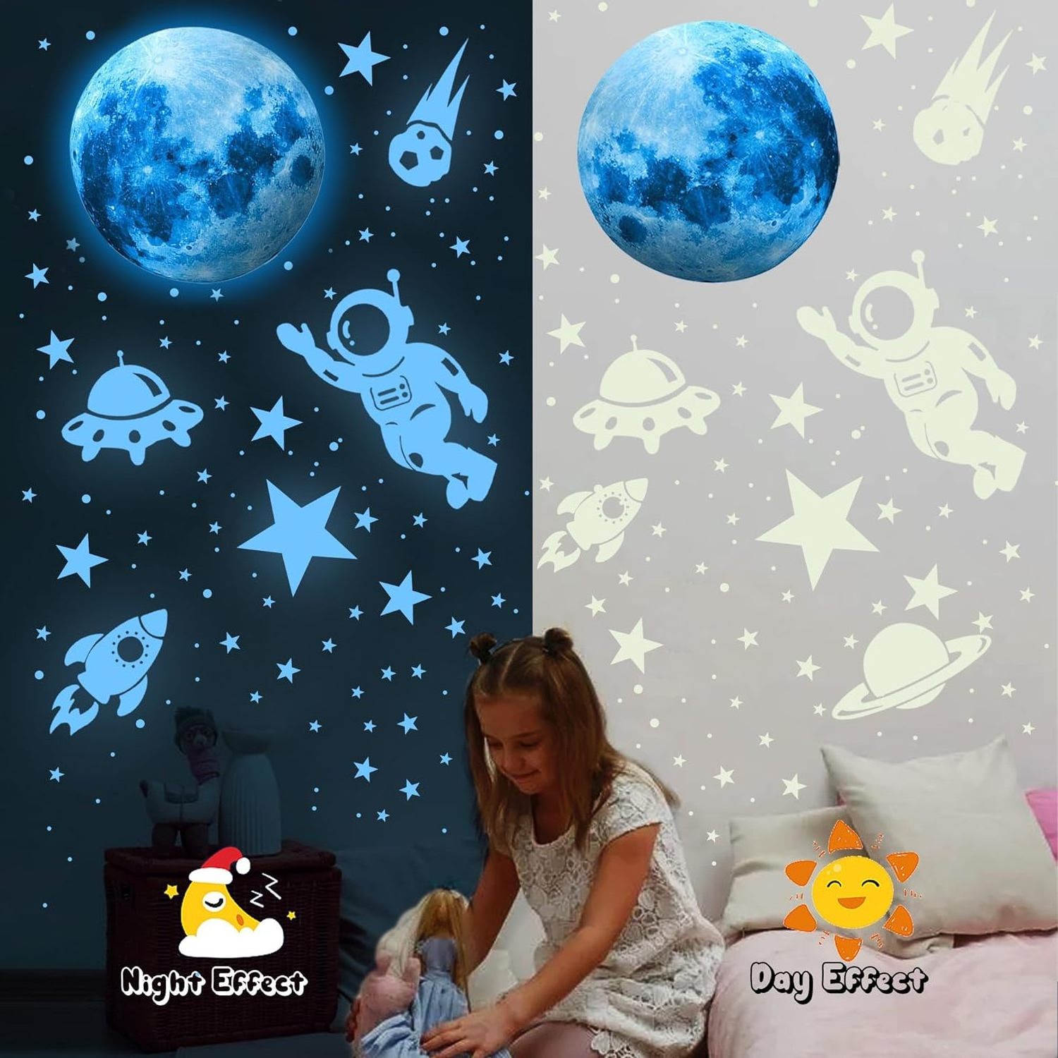 Myway 625Pcs Glow in The Dark Moon Decals Home Decoration Stars Shining Decoration Glowing Ceiling Wall Stickers