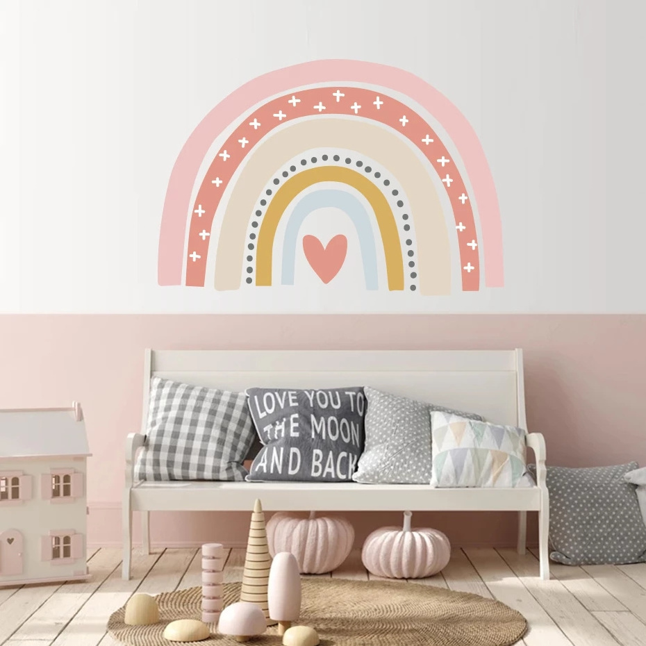 Custom Trendy Pink Rainbow Removable PVC Vinyl Wall Mural Decal Nursery Art Stickers Wallpaper for Baby Bedroom