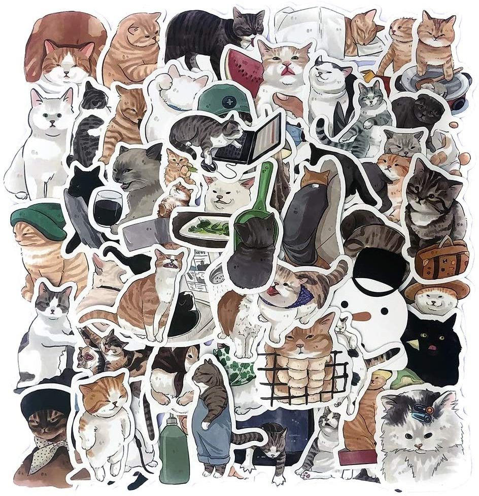 Kawaii Cat Pet Meme Stickers ,Pack 54pcs No Repeat, Anime Water Bottle Skateboard Motorcycle Bike Laptop Custom Laptop Stickers