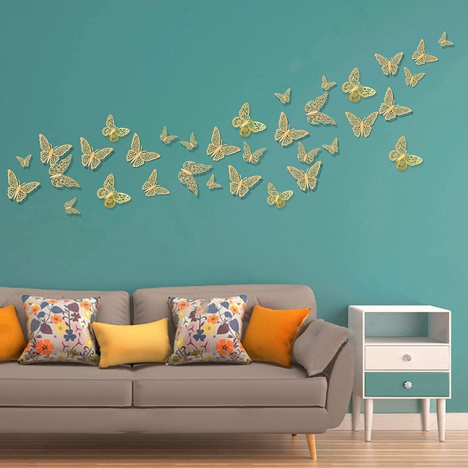 3D Gold Butterflies Wall Decals Removable Stickers Home Decoration Room Mural for Kids Bedroom Nursery Classroom Wedding DIY