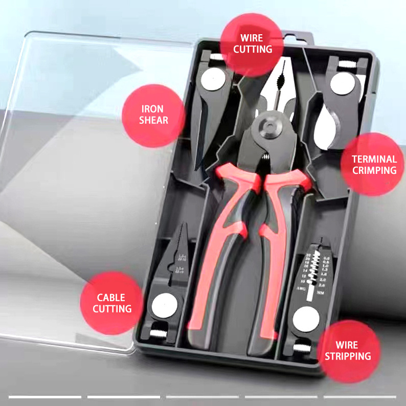 Multi-Tool 5 in 1 Long Nose Pliers Hand Tools Cutting Interchangeable Head Plier Tool Set Stripper Crimping Pliers