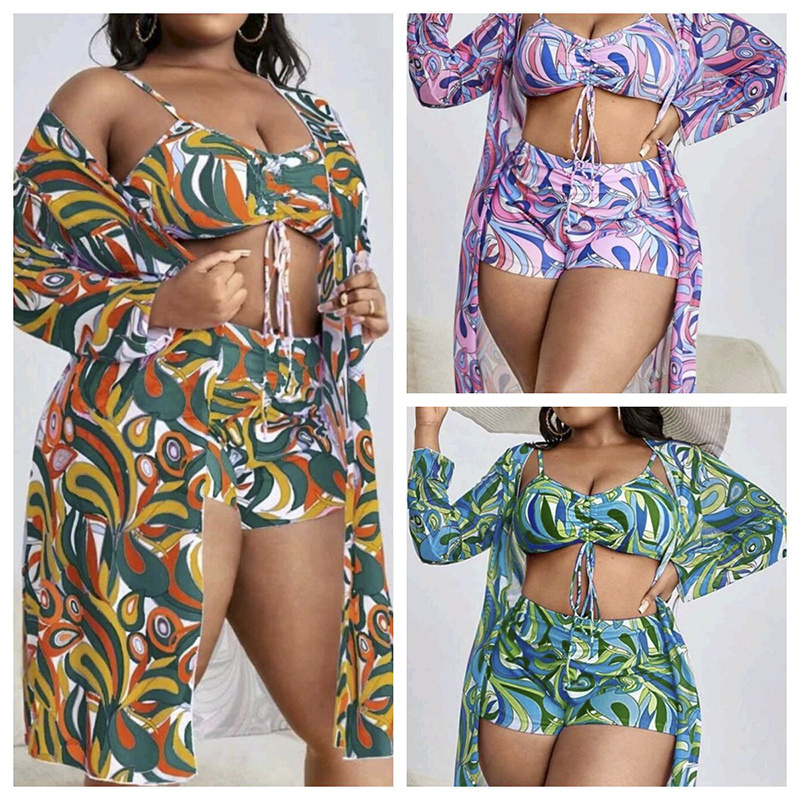 Wholesale Swimsuit Long Sleeve Cover Up 3pack Bikini Set Color Print Cardigan Puls Size Sexy Cover Up Swimwear