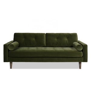 Modern design living room sofa with minimalist wooden frame green velvet fabric square plush seat living room sofa