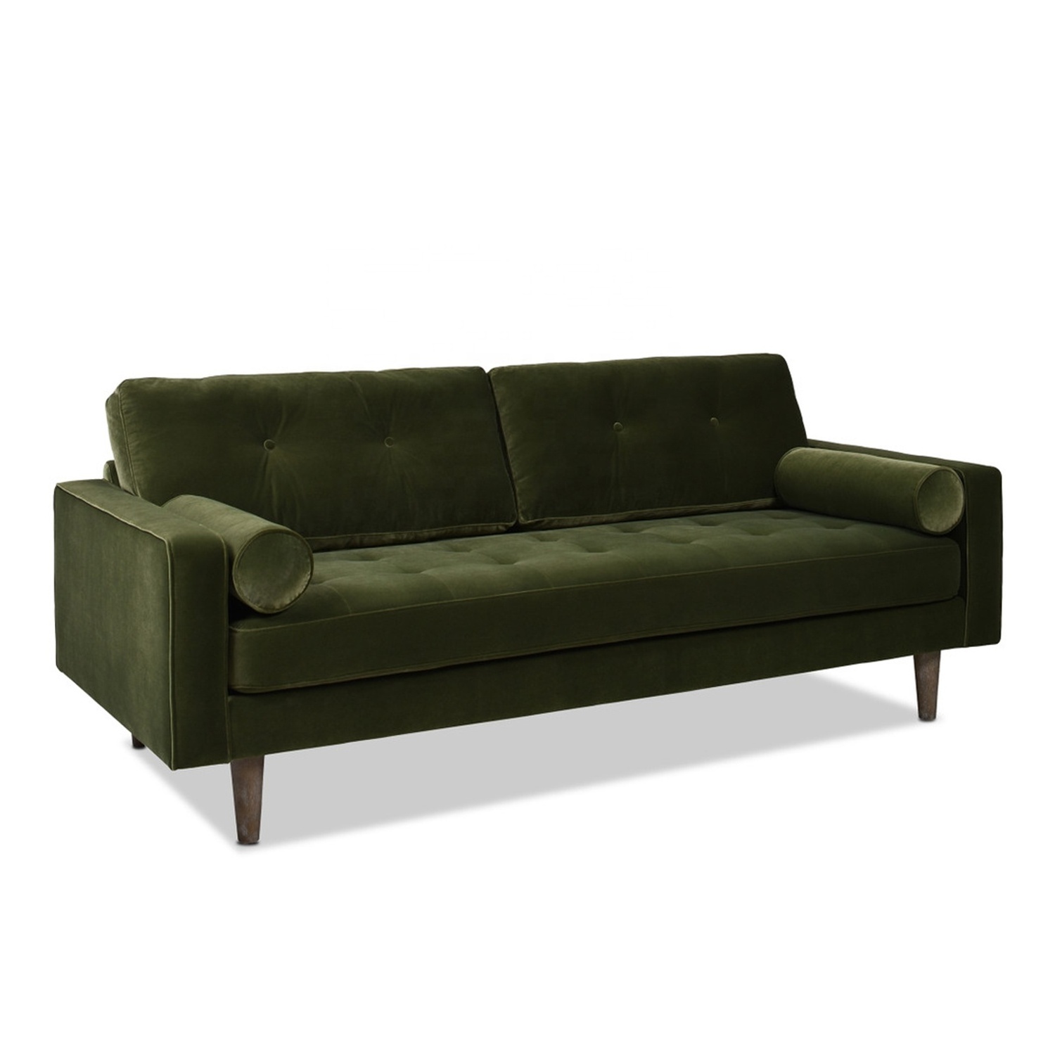 Modern design living room sofa with minimalist wooden frame green velvet fabric square plush seat living room sofa