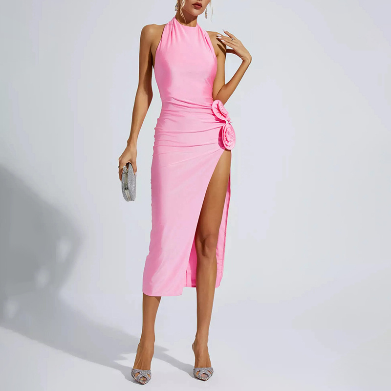 Custom fashion design high quality plain pink floral ruched slip halter midi dress sleeveless backless sexy satin party dress