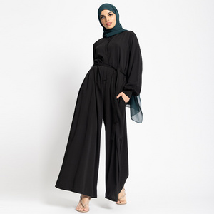 Custom one piece jumpsuit with long pants black islamic jumpsuit set women muslim jumpsuit