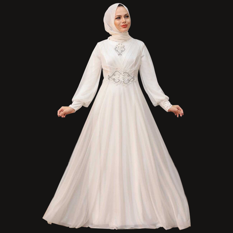 Long sleeve islamic wedding dress hijab bridal white muslim wedding dress