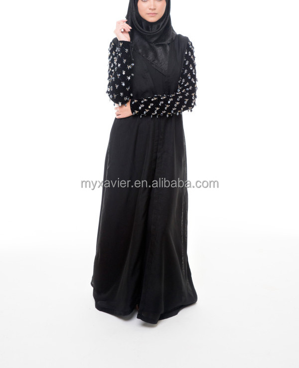 latest muslin women abaya dress with zip on velvet hand embellished sleeves abaya intricate bead fashion dubai women abaya