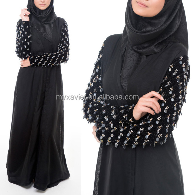 latest muslin women abaya dress with zip on velvet hand embellished sleeves abaya intricate bead fashion dubai women abaya