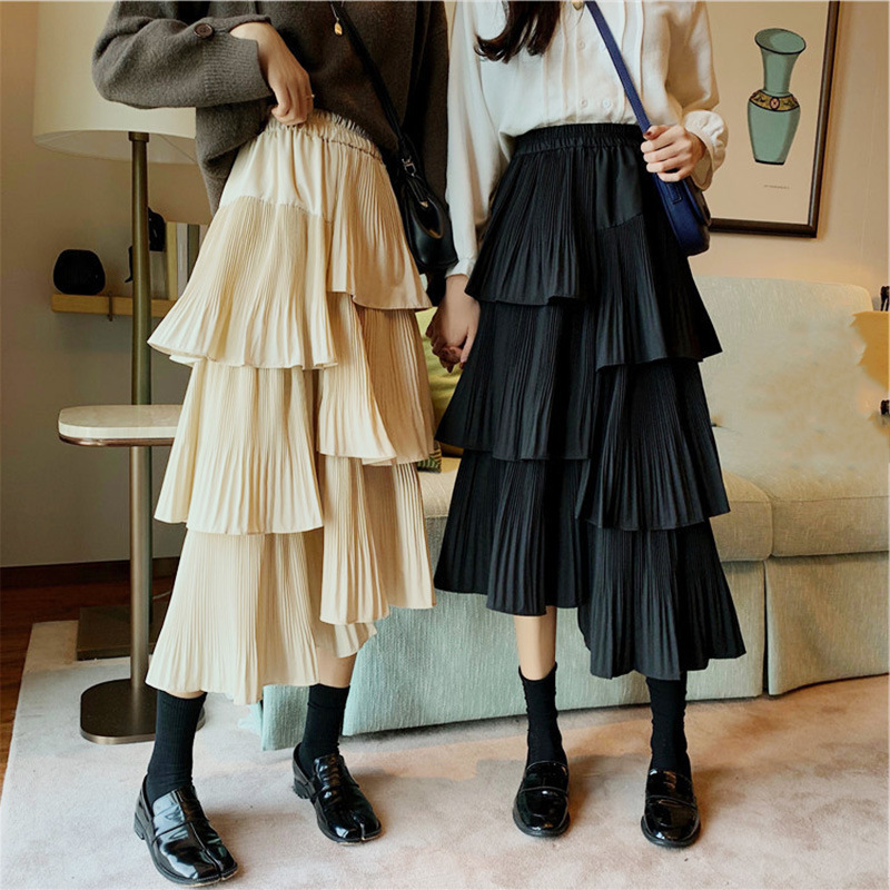 Asymmetric hem skirt Custom casual chiffon mesh high waist ladies pleated long ruffle womens skirt