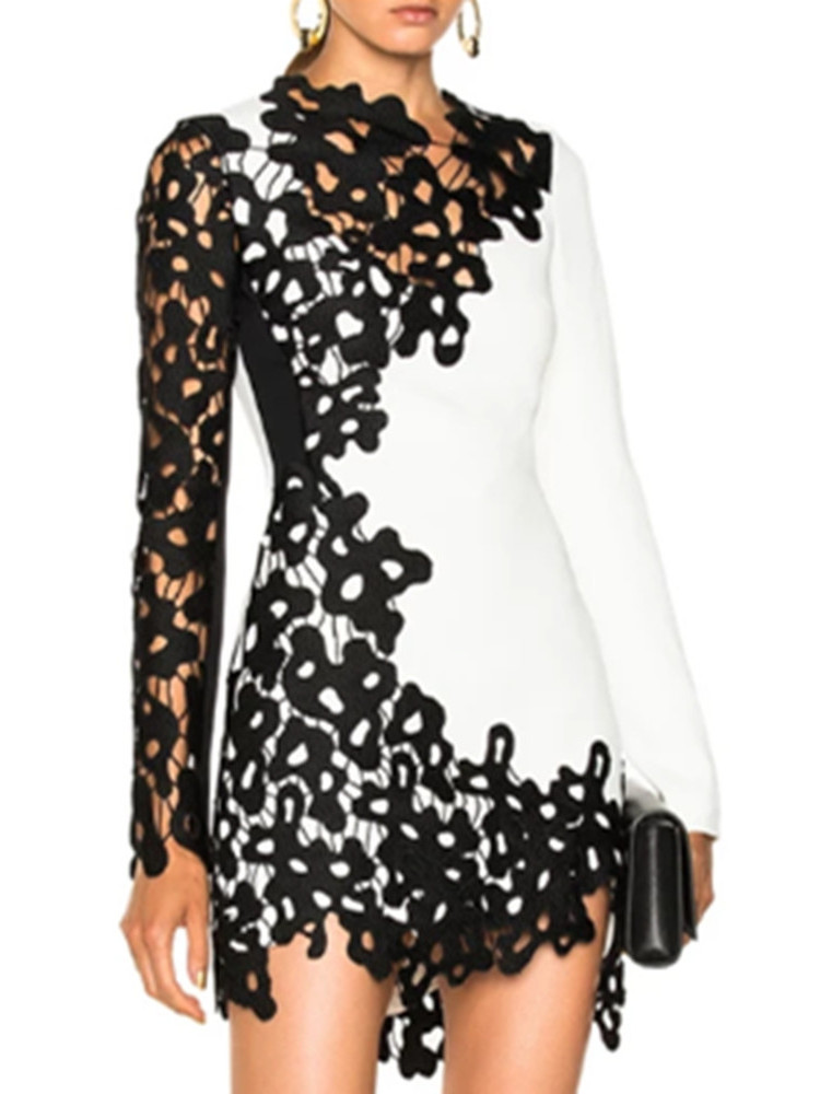 Sexy White and Black Contrast Color Lace Paneled Mini Party Dress for Woman