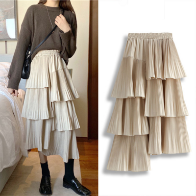 Asymmetric hem skirt Custom casual chiffon mesh high waist ladies pleated long ruffle womens skirt