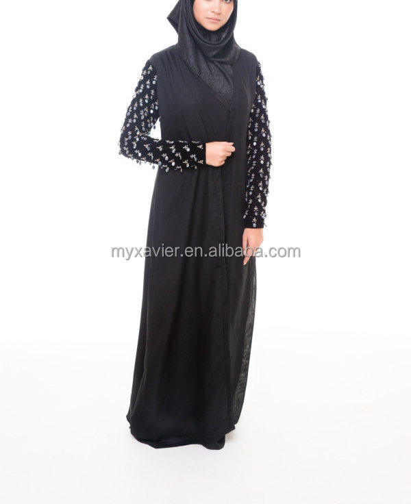 latest muslin women abaya dress with zip on velvet hand embellished sleeves abaya intricate bead fashion dubai women abaya